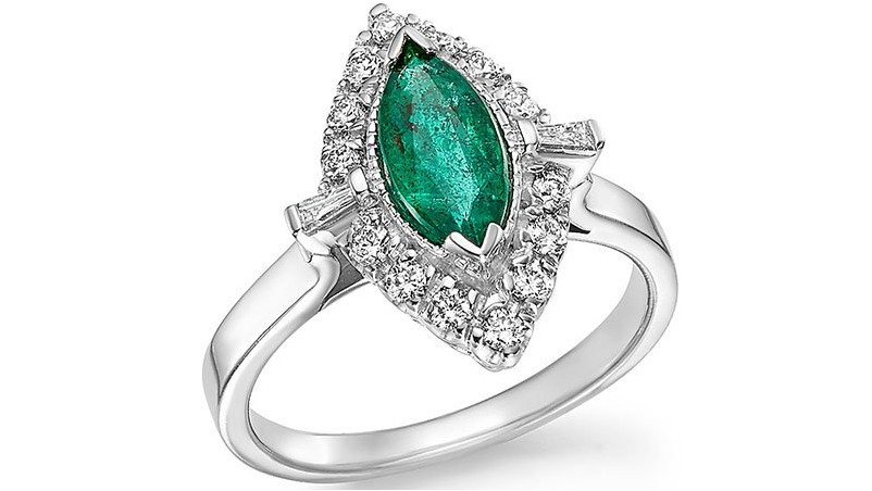 Изумрудная маркиза Блумингдейла & amp; Массивное кольцо с бриллиантом из белого золота 14 карат