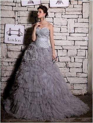 Бальное платье Серое вечернее платье с кружевным вырезом и бисером из тюля