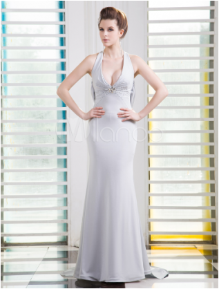 Сексуальное светло-сланцевое серое атласное вечернее платье с глубоким v-образным вырезом и бисером с русалкой Milanoo