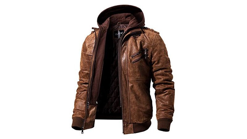 Мужская коричневая кожаная мотоциклетная куртка Flavour со съемным капюшоном