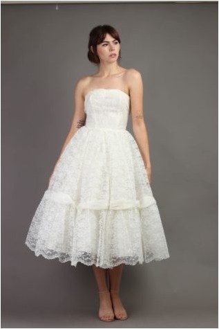 Кружевное белое чайное платье с зубчатым краем 50-х годов Xs S: шифоновое платье без бретелек с драпировкой, расклешенное платье New Look Era Wedding