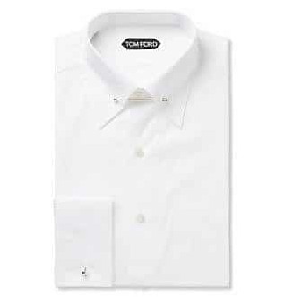 Белая приталенная рубашка из хлопкового поплина с двумя манжетами и воротником-стойкой