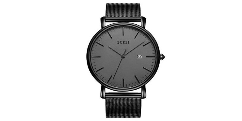 Мужские модные минималистские наручные часы Burei с аналоговой датой и сетчатым ремешком из нержавеющей стали