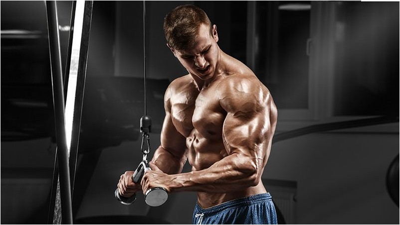 Мускулистый Мужчина, Тренирующийся В Тренажерном Зале, Делает Упражнения На Трицепсы, Stro