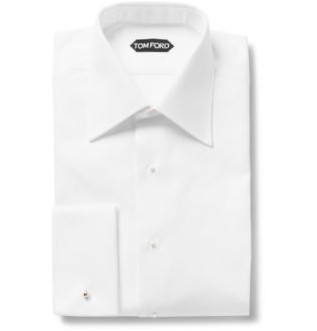 Белая приталенная рубашка под смокинг с нагрудником и двойными манжетами спереди