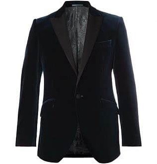 Темно-синий приталенный пиджак под смокинг из хлопкового бархата с отделкой из фая