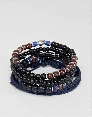 Темно-синий набор браслетов с бусинами и черепом коричневого и черного цветов Asos Design