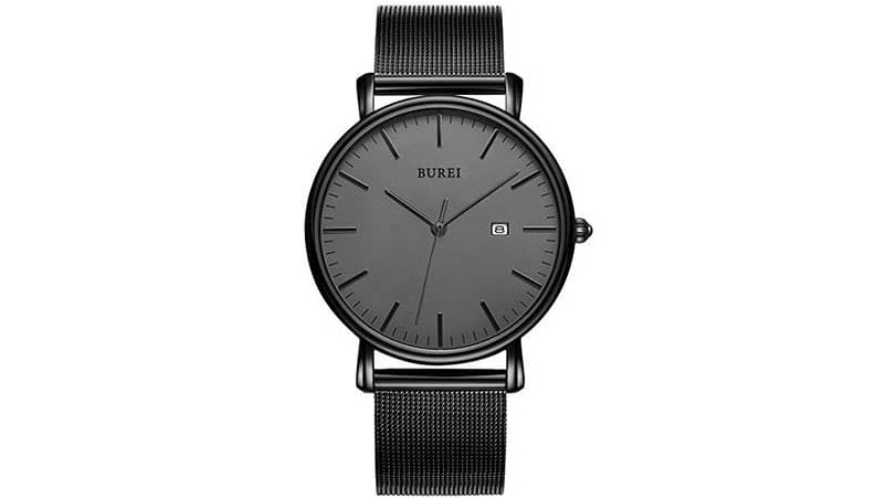 Мужские модные минималистские наручные часы BUREI, аналоговые темно-серые даты с черным миланским сетчатым ремешком