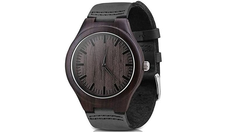 Мужские черные деревянные часы Mercimall с кожаным ремешком Часы из натурального дерева