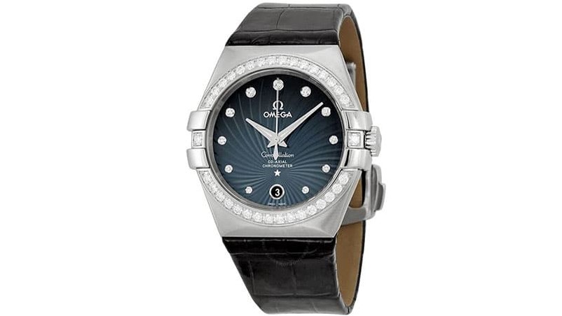 Omega Constellation Blue Diamond Dial Черные кожаные мужские часы 12318352056001