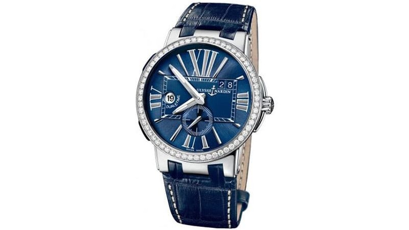 Мужские часы Ulysse Nardin Executive Dual Time с синим циферблатом и бриллиантовой рамкой с синей кожей 243-00B-43