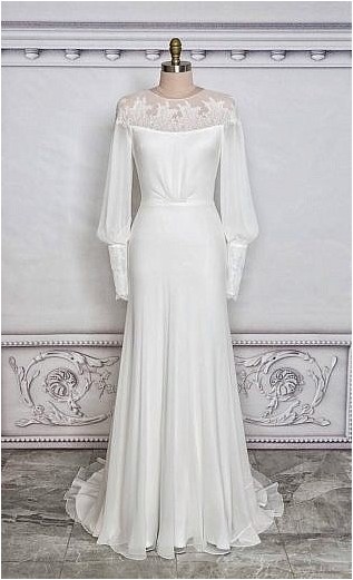 Шелковое свадебное платье с длинным рукавом из жоржета и кокеткой через плечо: винтажное свадебное платье: романтическое платье