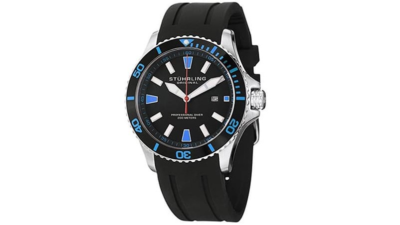 Мужские часы Stuhrling Original 706.02 Aquadiver Regatta Quartz Date с синим акцентом и резиновым ремешком для дайвинга