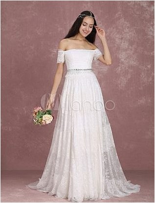 Свадебное платье в стиле бохо, кружевное свадебное платье цвета слоновой кости, с открытыми плечами и бусинами, трапециевидное свадебное платье со шлейфом Milanoo