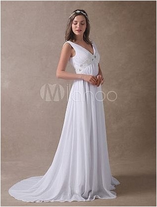 Летние свадебные платья White Empire Waist V-образным вырезом из бисера шифоновые пляжные свадебные платья